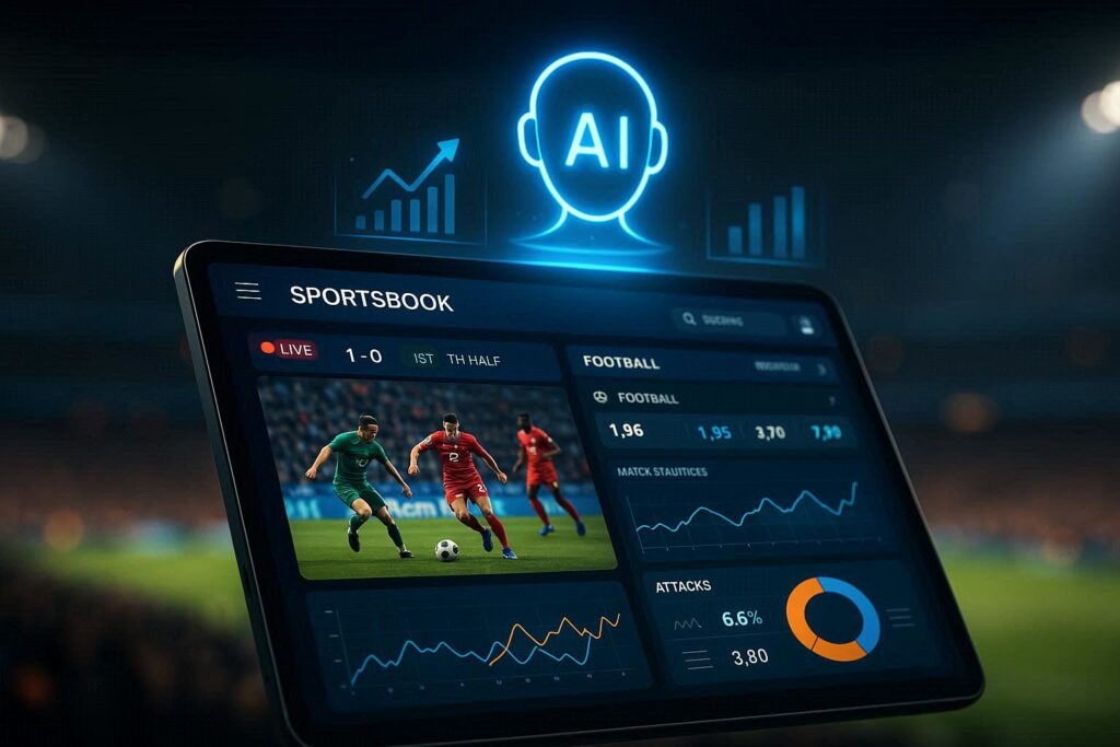 sportsbook online masa depan dengan antarmuka hologram, layar yang menampilkan statistik pertandingan secara real-time, dan elemen kecerdasan buatan yang mengelilingi perangkat digital.